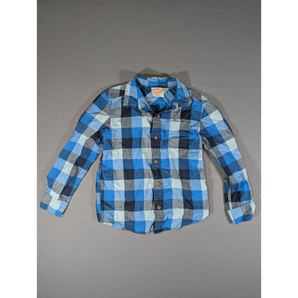 Jumping Beans Boys Blue Plaid Button Down Shirt Long Sleeve Cotton Size 6